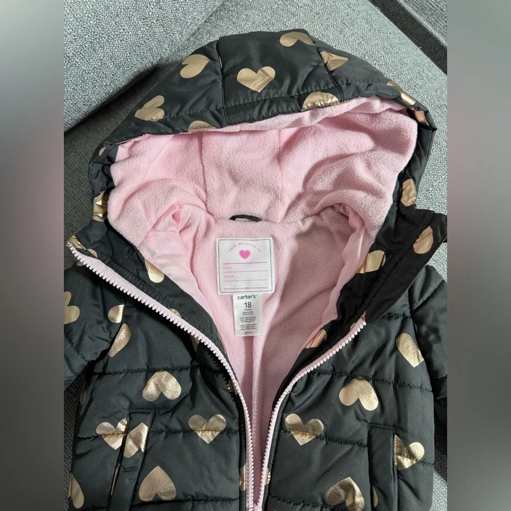 Carter's Black and Gold Hearts Winter Puffer Jacket (18 months)